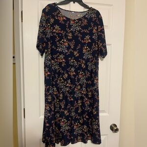 Navy Floral Short-Sleeve Midi Dress